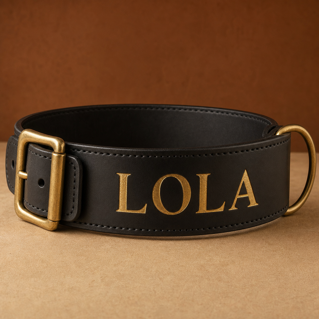 Collar Grande negro, cuero ancho de 7 cm con el nombre grabado en oro