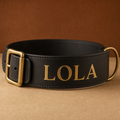 Collar Grande negro, cuero ancho de 7 cm con el nombre grabado en oro