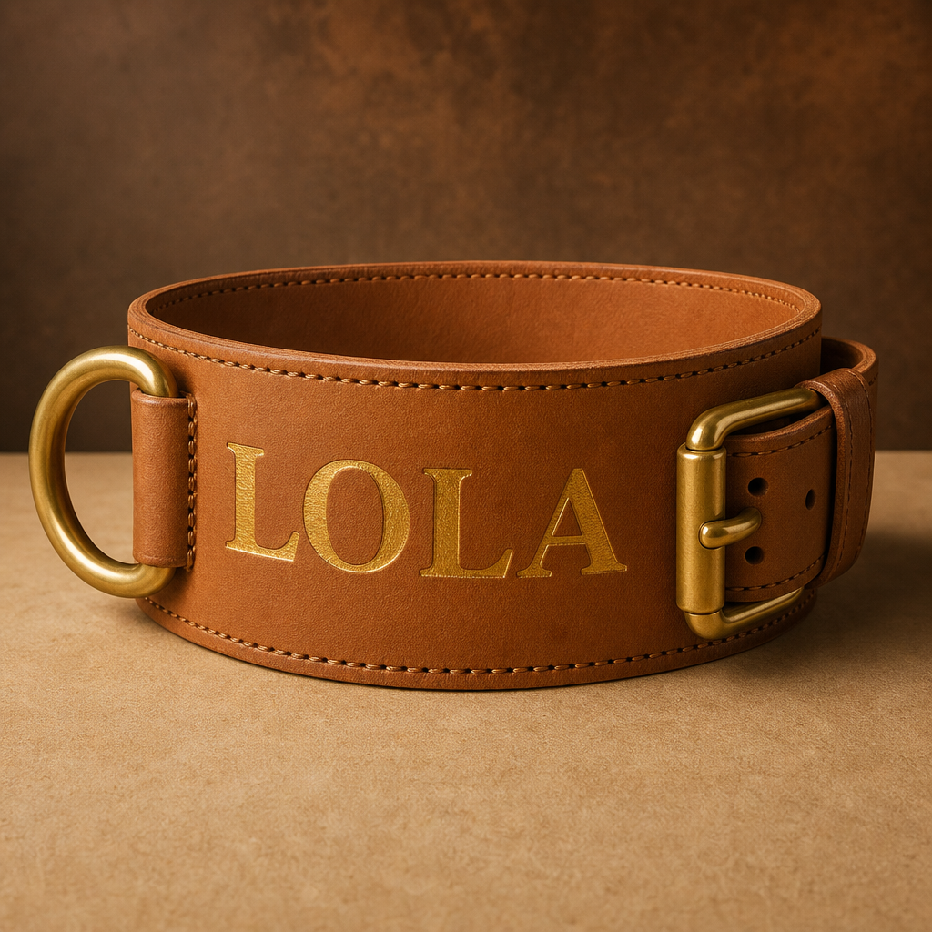 Collar Grande camel, cuero ancho de 7 cm con el nombre grabado en oro