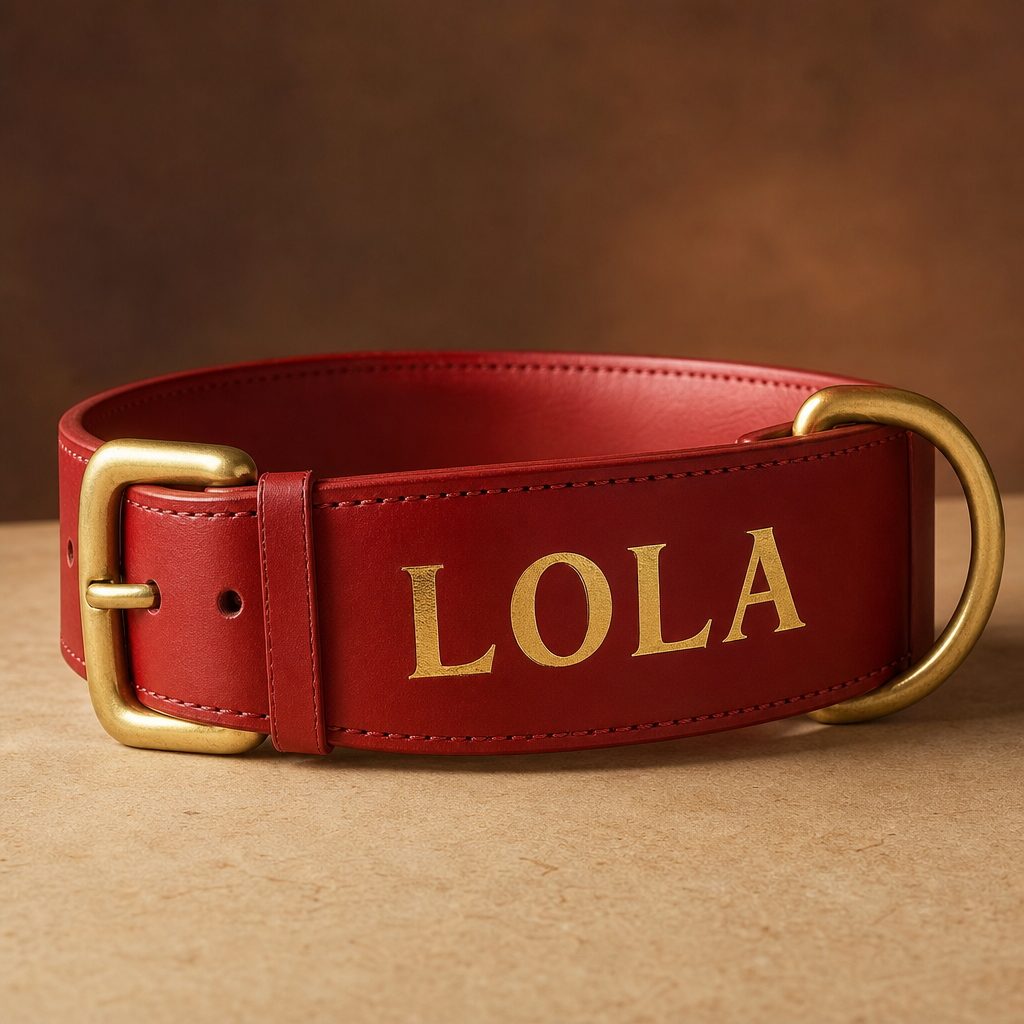 Collar Grande rojo, cuero ancho de 7 cm con el nombre grabado en oro