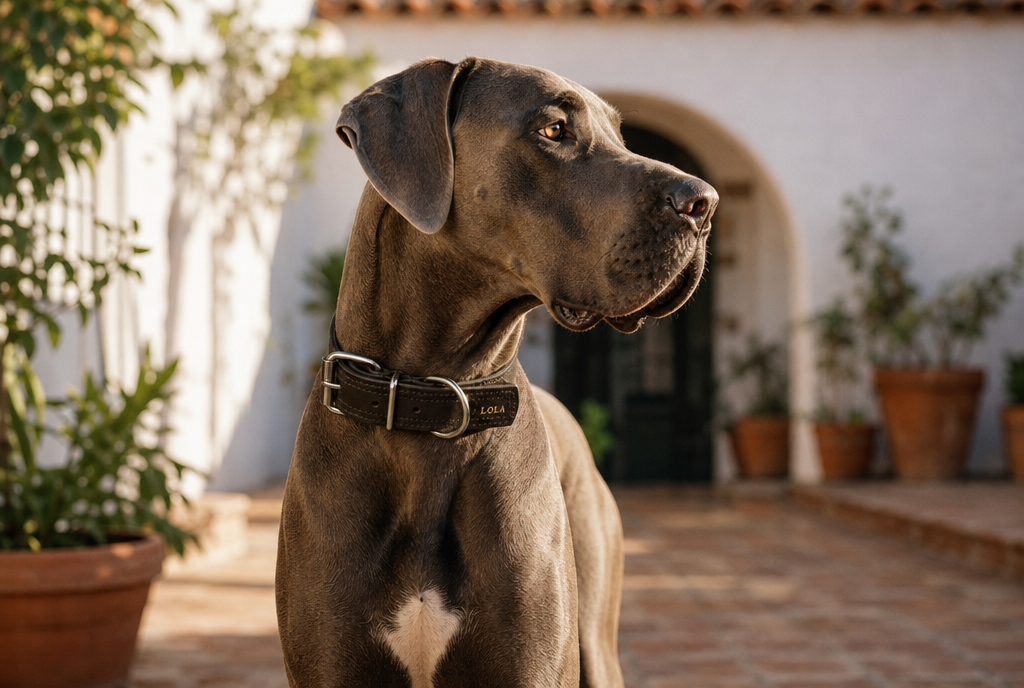 Perro grande con el collar Fuerte negro en un patio andaluz