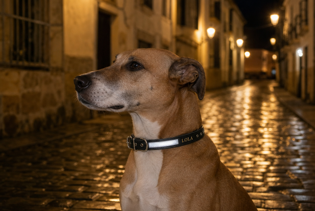 Perro con el collar Noche en una calle de noche, la banda reflectante brilla