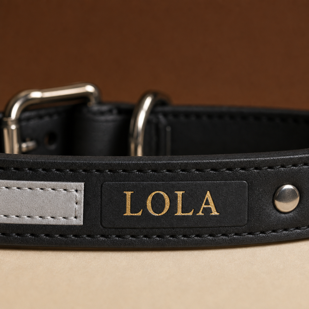 Detalle del collar negro reflectante con el nombre LOLA grabado en oro