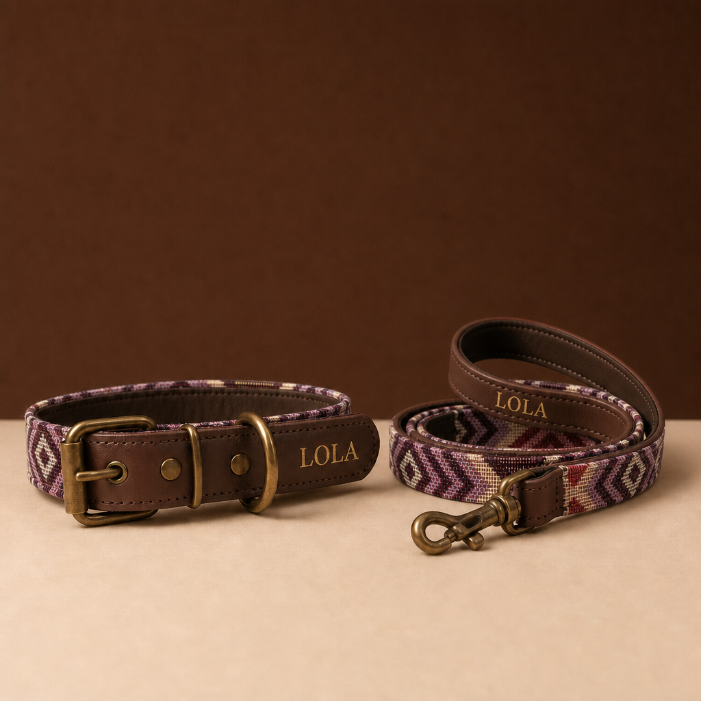 Pack Patio dibujo Sierra: collar y correa de cuero y tela etnica grabados en oro