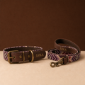 Pack Patio dibujo Sierra: collar y correa de cuero y tela etnica grabados en oro