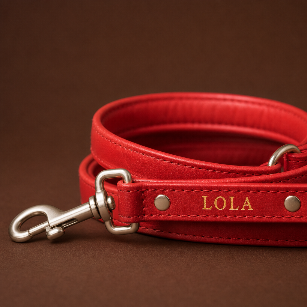 Detalle del asa de la correa Paseo con el nombre LOLA grabado en oro y herrajes plateados
