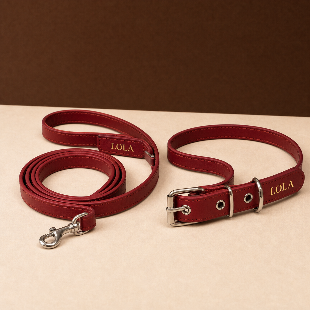 Pack Diario rojo: collar y correa de cuero, los dos grabados en oro con el nombre