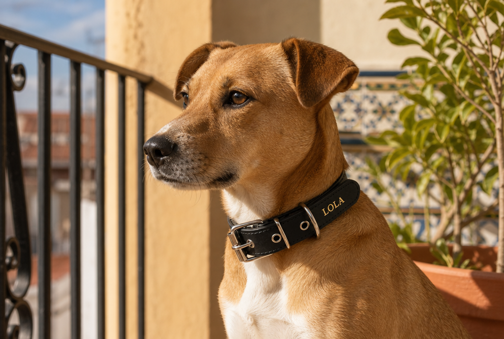 Perro con el collar Diario puesto, nombre LOLA grabado en oro