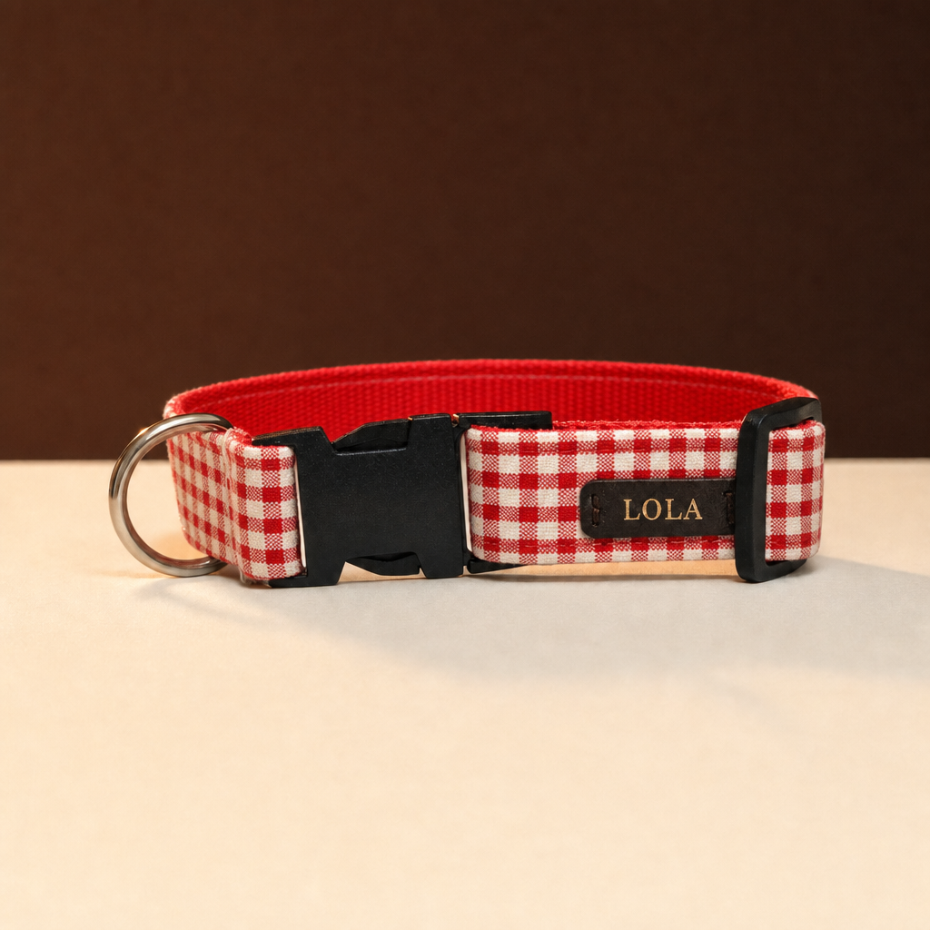Collar Fiesta dibujo Cuadros en vichy rojo con etiqueta de cuero grabada en oro