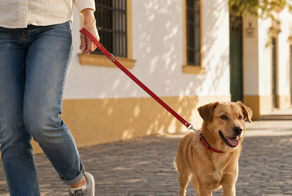 Paseo por una calle espanola con la correa Paseo de cuero rojo