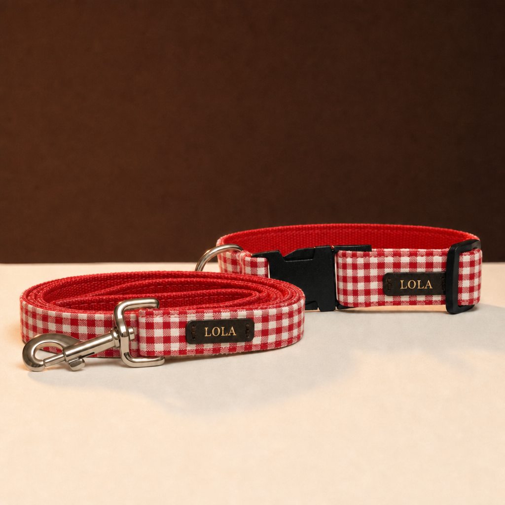 Pack Fiesta dibujo Cuadros en vichy rojo: collar y correa a juego grabados en oro