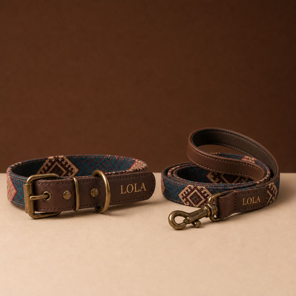 Pack Patio dibujo Sierra noche: collar y correa de cuero y tela oscura grabados en oro