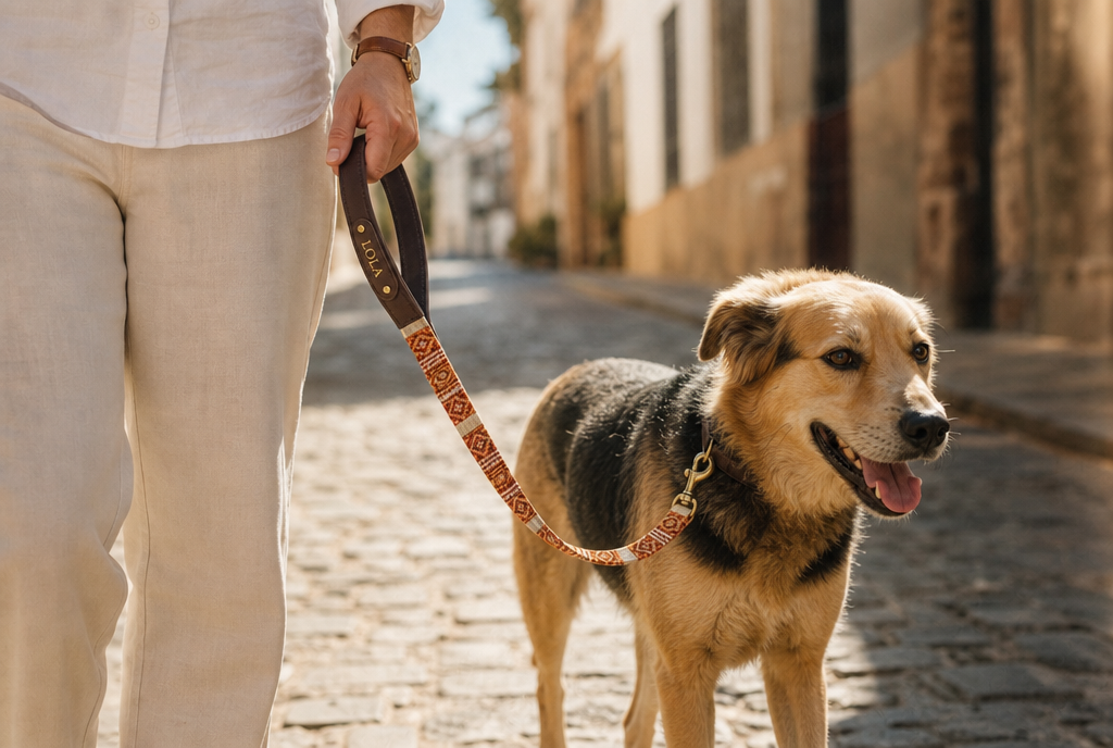 Paseo por una calle espanola con la correa Ruta de cuero y tela