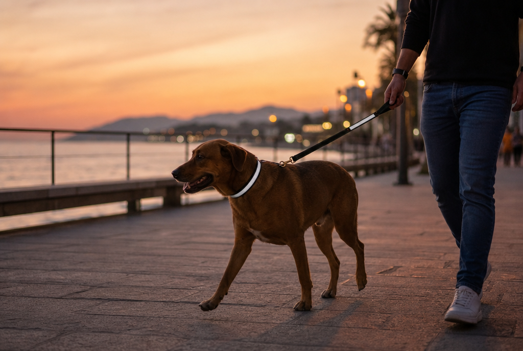 Paseo al atardecer con el pack Noche: collar reflectante y correa a juego