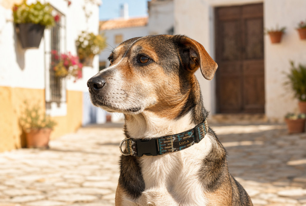 Perro con el collar Ruta de tela etnica en una plaza espanola