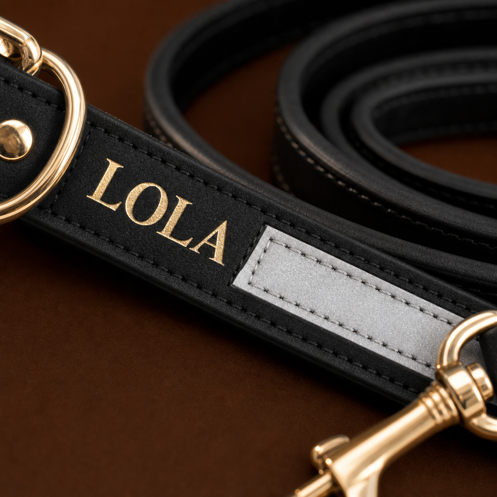 Detalle del pack Noche: nombre LOLA grabado en oro y banda reflectante