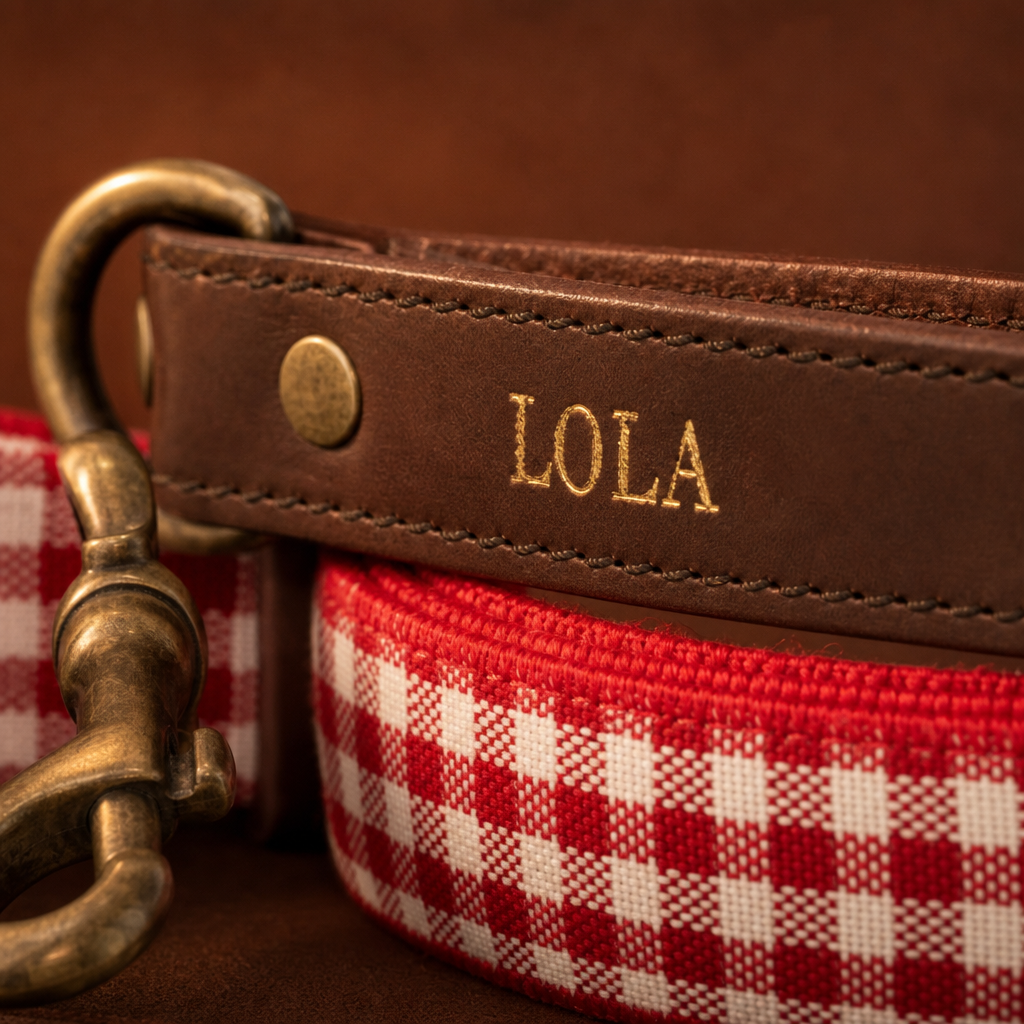 Detalle del asa de la correa Fiesta con el nombre LOLA grabado en oro