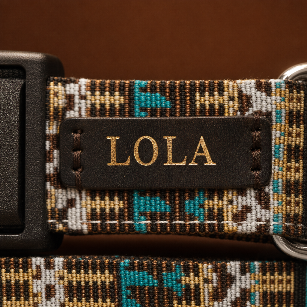 Detalle del collar Ruta: etiqueta de cuero con el nombre LOLA grabado en oro