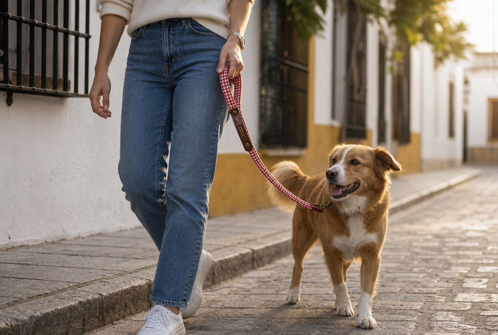 Paseo por una calle espanola con la correa Fiesta de tela