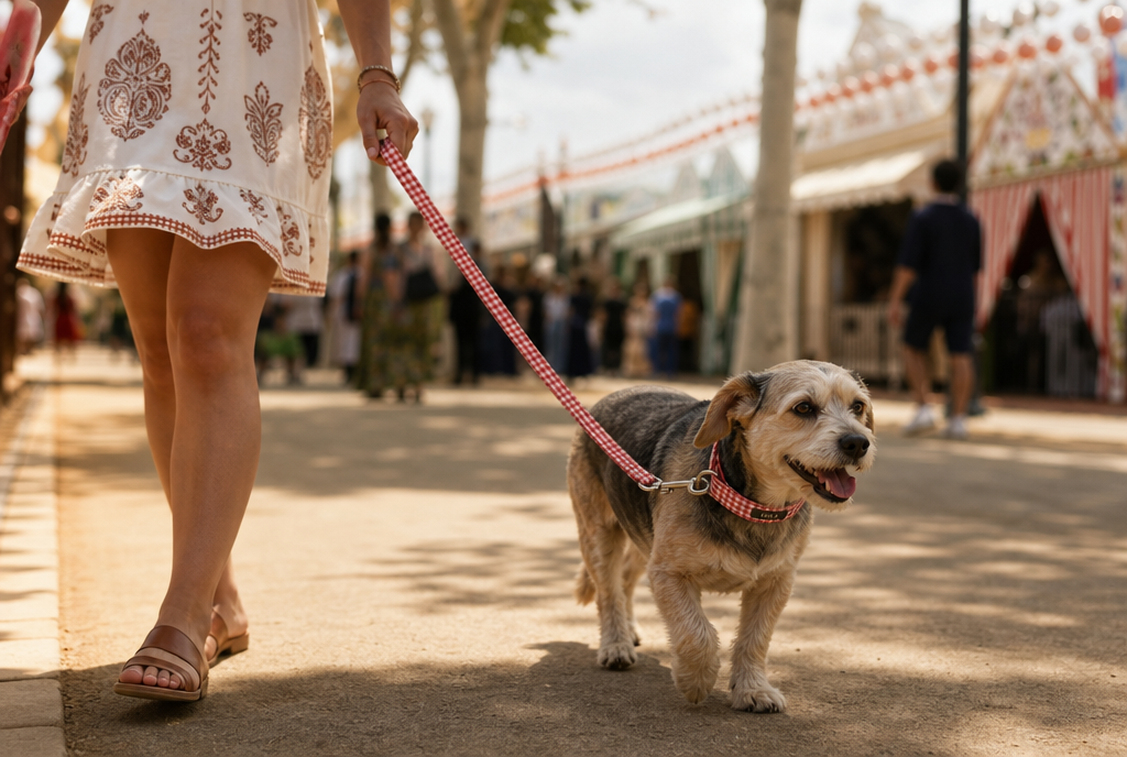 Paseo en una feria espanola con el pack Fiesta: collar y correa a juego