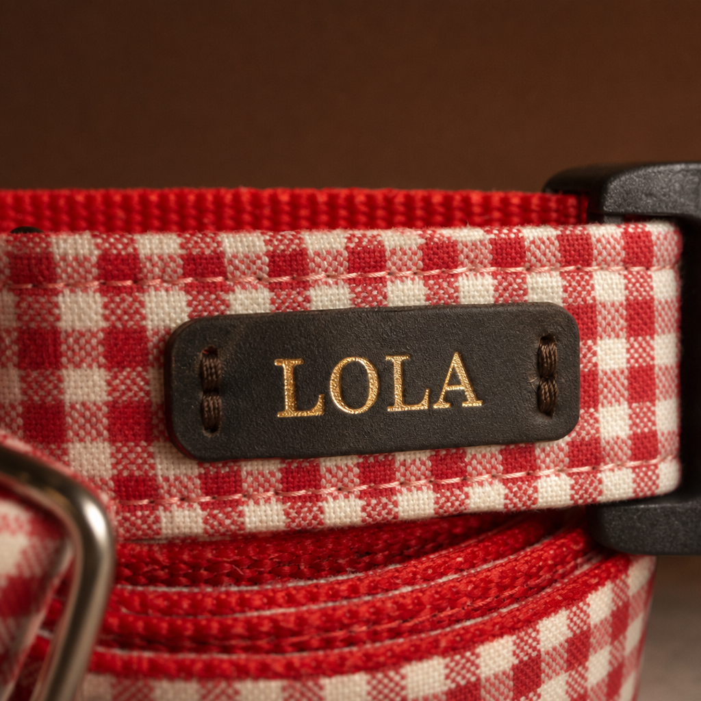 Detalle del pack Fiesta: etiqueta de cuero con el nombre LOLA grabado en oro