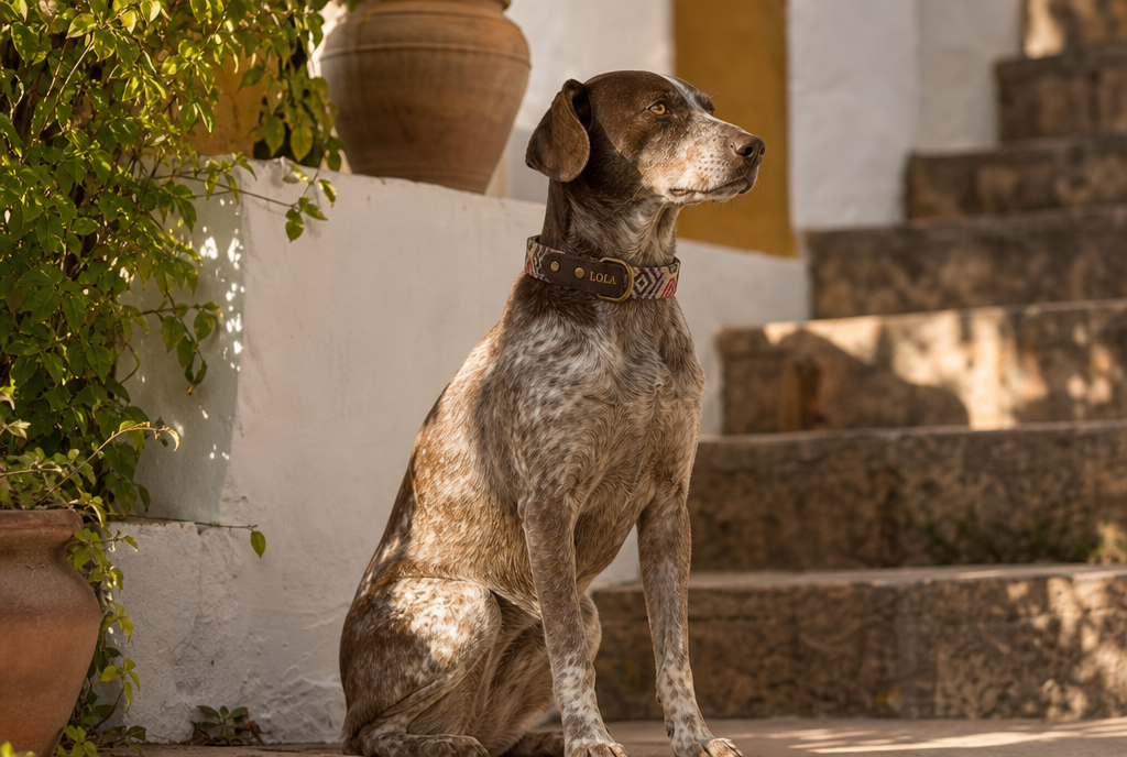 Perro con el collar Sierra de cuero y tela etnica en unas escaleras andaluzas