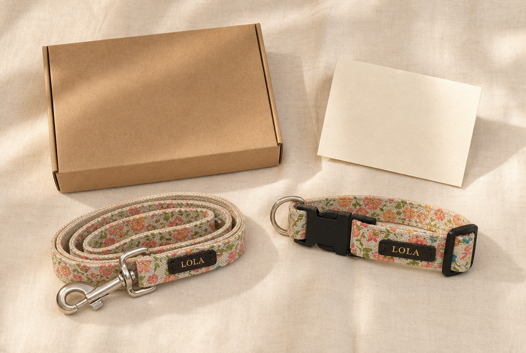 Contenido del pack Fiesta: collar, correa, caja y tarjeta del taller