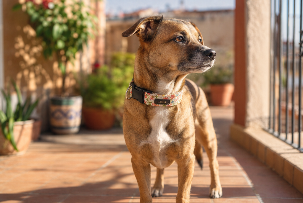 Perro con el collar Fiesta de tela con dibujo Flores en una terraza espanola