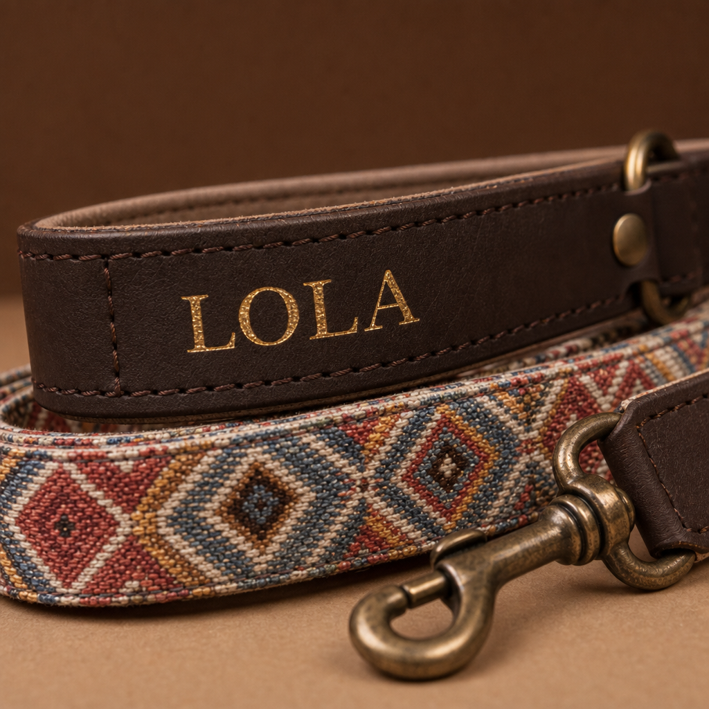 Detalle del asa de la correa Patio con el nombre LOLA grabado en oro