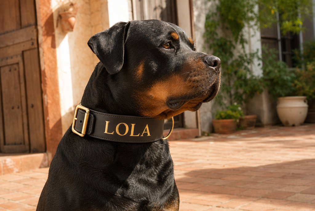 Perro de raza grande con el collar Grande de cuero ancho grabado en oro
