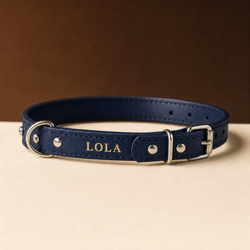 Collar Confort de cuero azul con el nombre LOLA grabado en oro