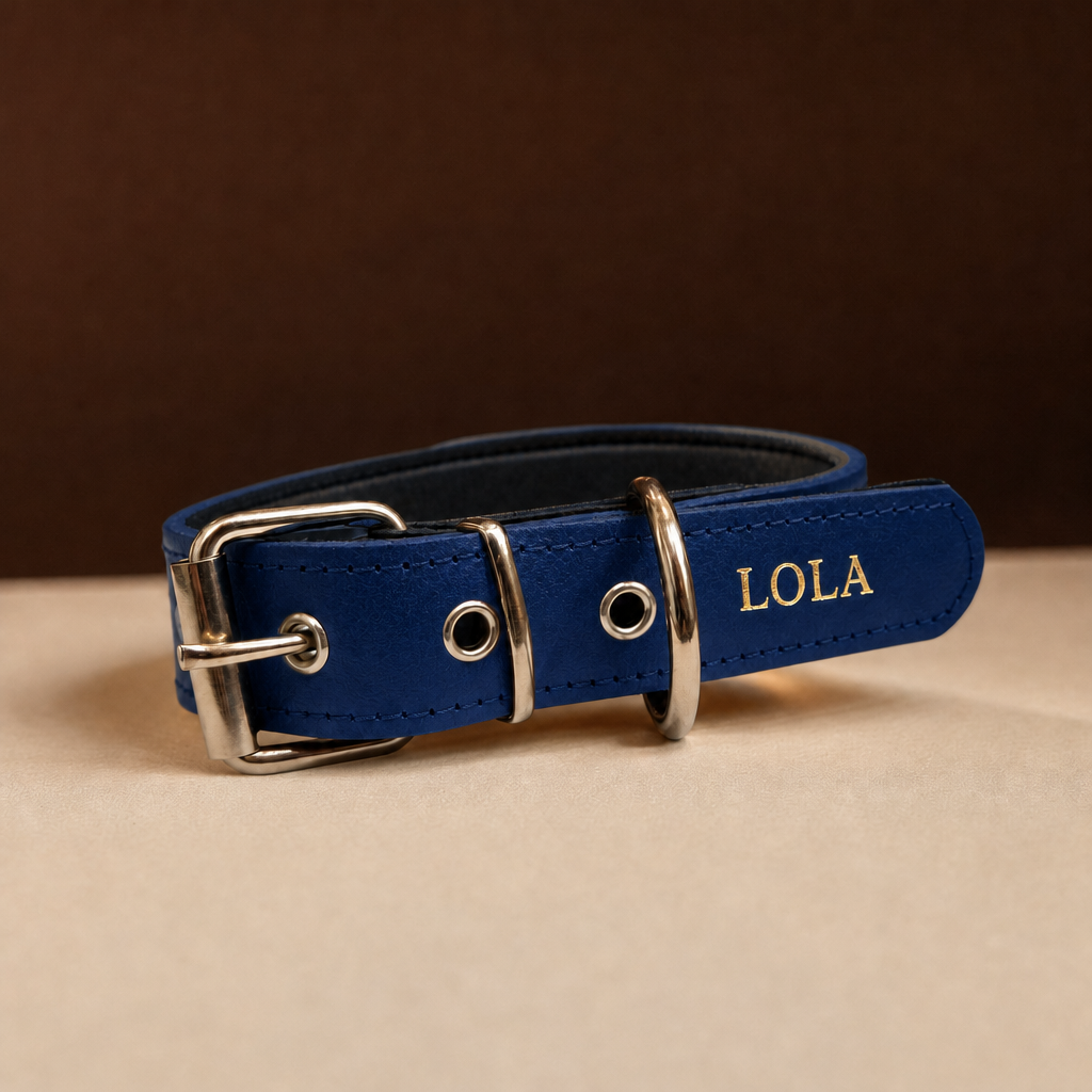 Collar Diario de cuero azul con el nombre LOLA grabado en oro