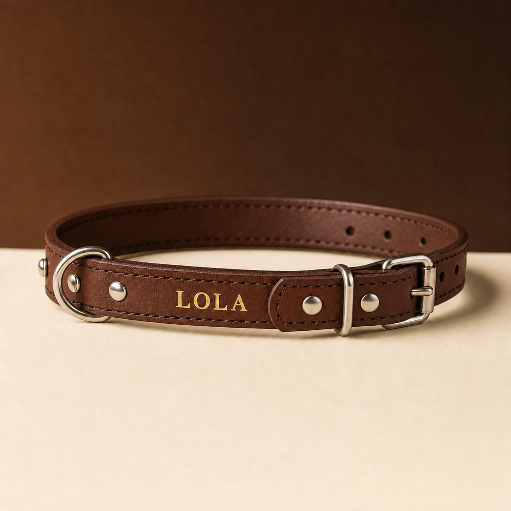 Collar Confort de cuero marron con el nombre LOLA grabado en oro