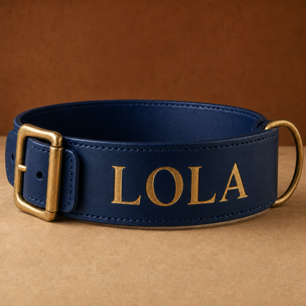 Collar Grande de cuero ancho azul con el nombre LOLA grabado en oro
