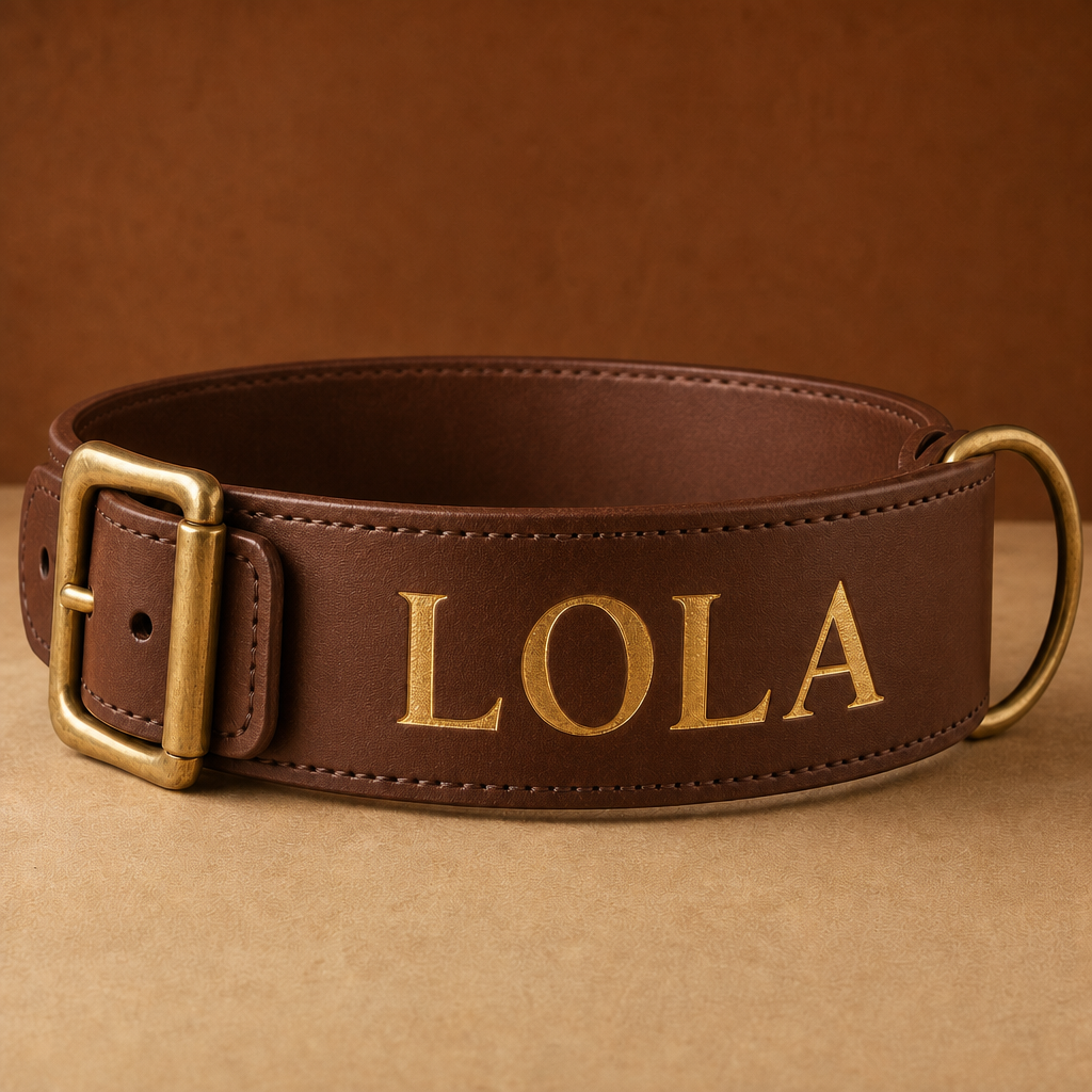Collar Grande de cuero ancho marron con el nombre LOLA grabado en oro