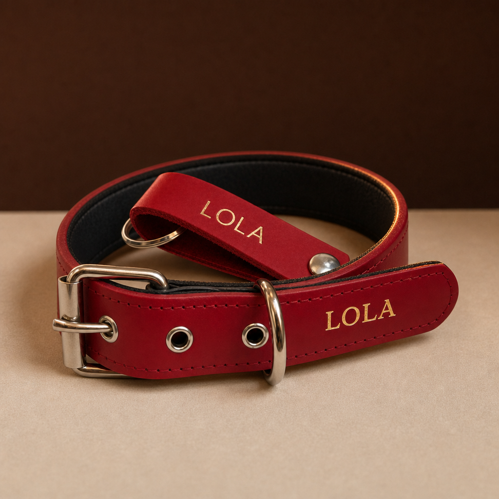 Pack Regalo rojo: collar Diario y llavero de cuero con el nombre LOLA grabado en oro
