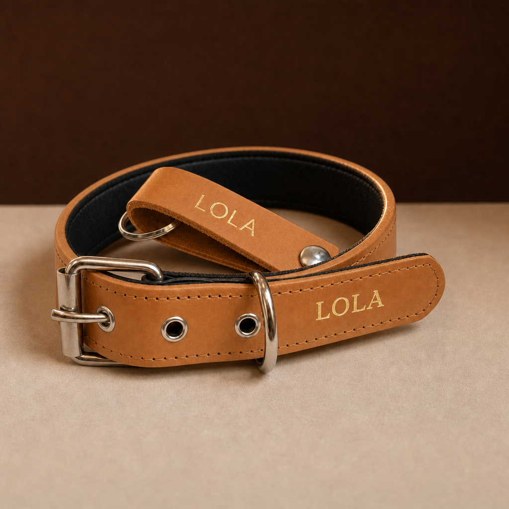 Pack Regalo camel: collar Diario y llavero de cuero con el nombre LOLA grabado en oro